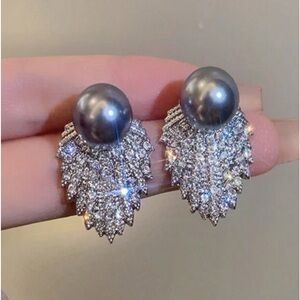 Rhinestone & Grey Pearl, simulated Stud Bridal, Wedding, Glamorous Earrings